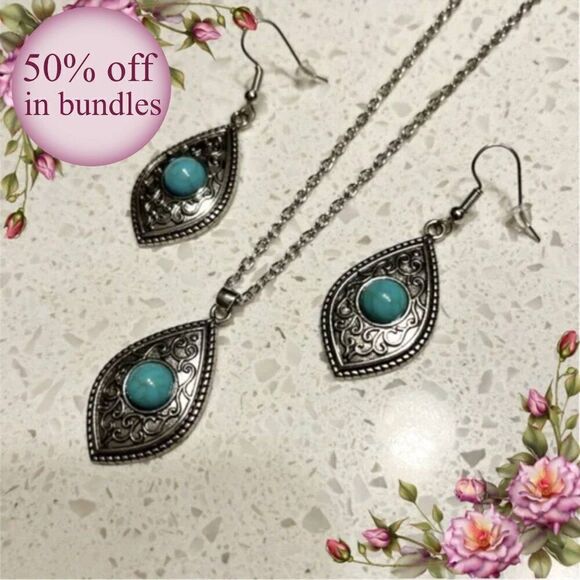 Faux Turquoise Floral Earrings & Necklace Set in vintage bohemian style - Picture 1 of 9